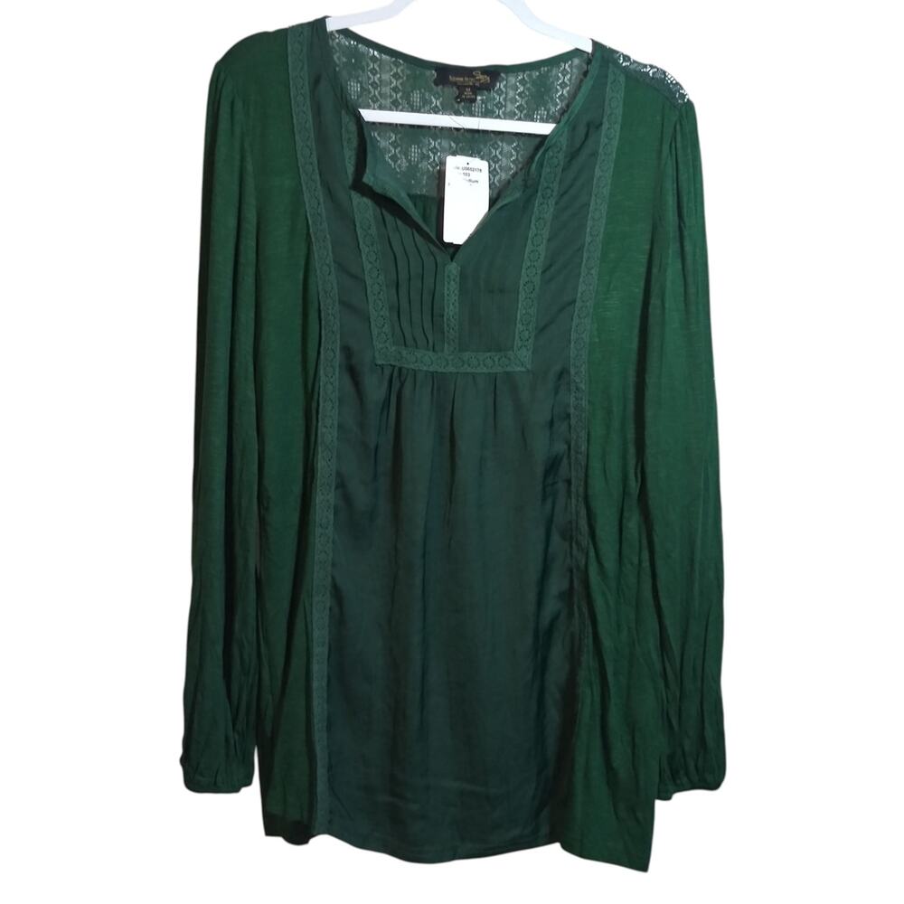 Suzanne Betro Green Woven Mix Lace Tunic Top Boho Peasant Size M